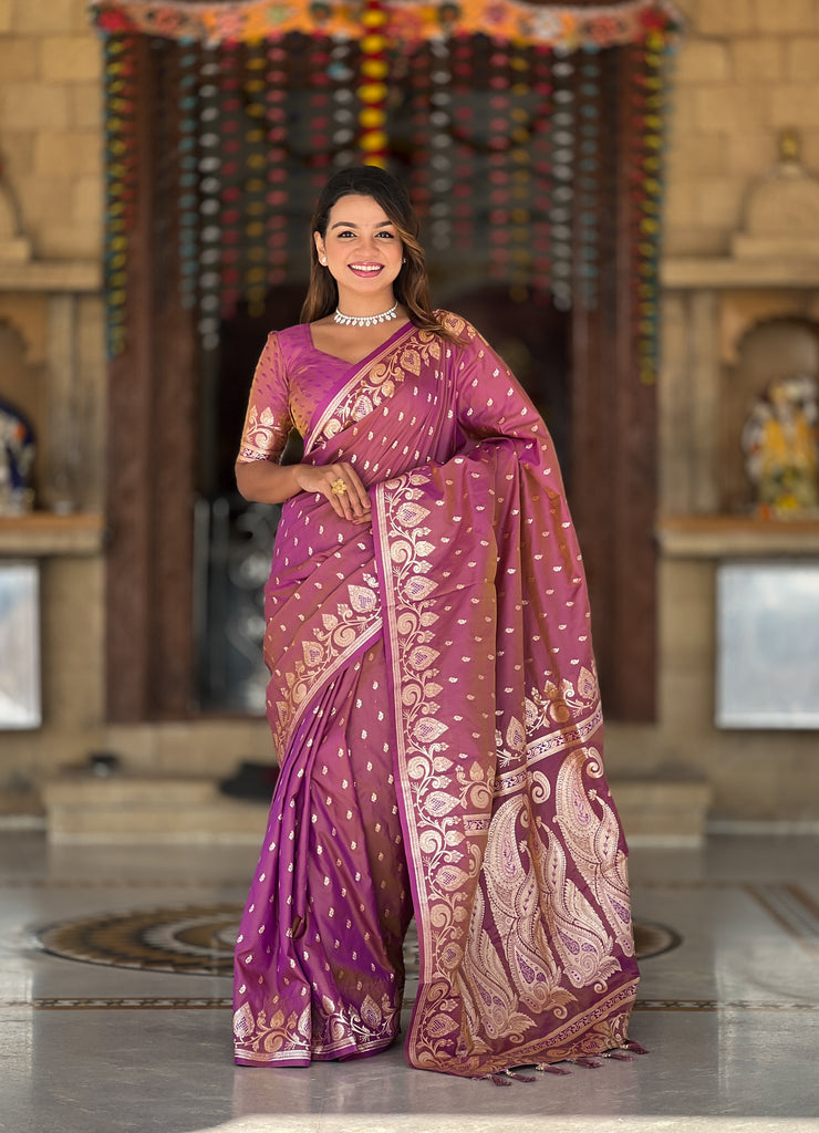 Dark Peach Unique Meena Banarasi Silk Saree With Blouse Piece