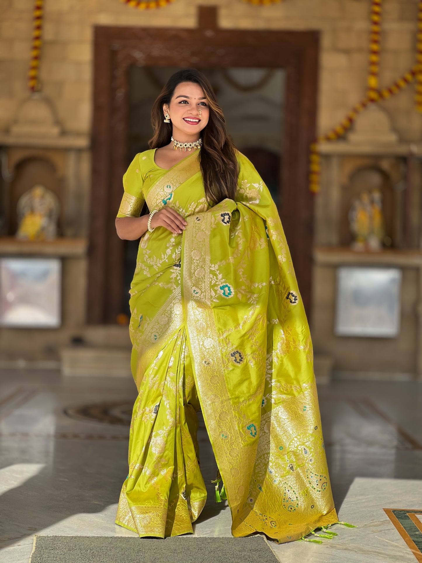 Parrot Green Graceful Trending Banarasi Silk Saree With Blouse Piece
