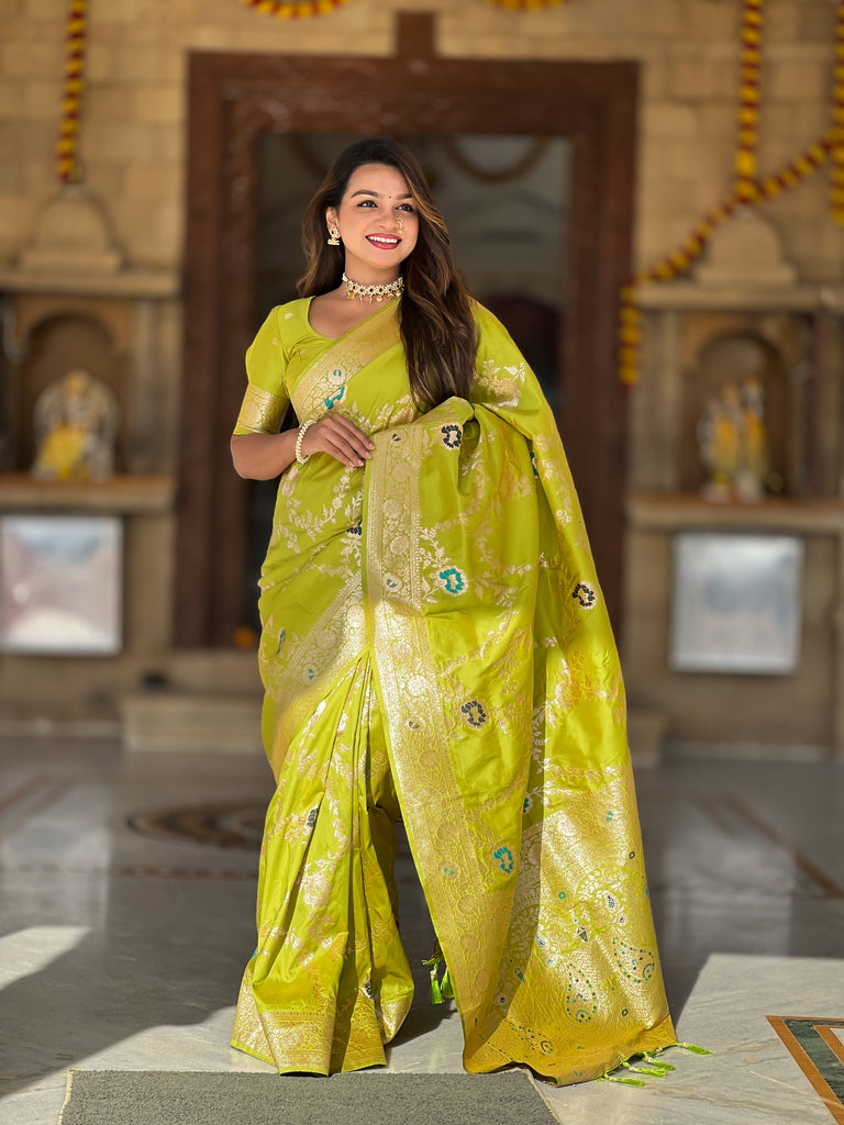 Parrot Green Graceful Trending Banarasi Silk Saree With Blouse Piece