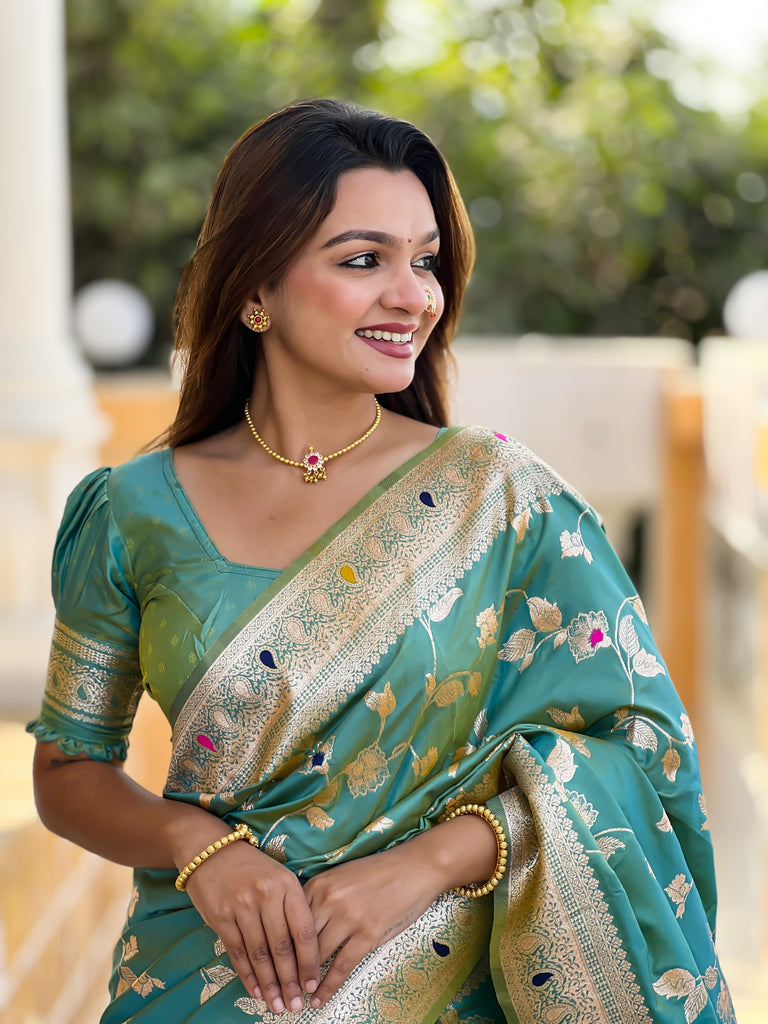 Pista Meenakari Banarasi Silk Saree With Silk Blouse Piece