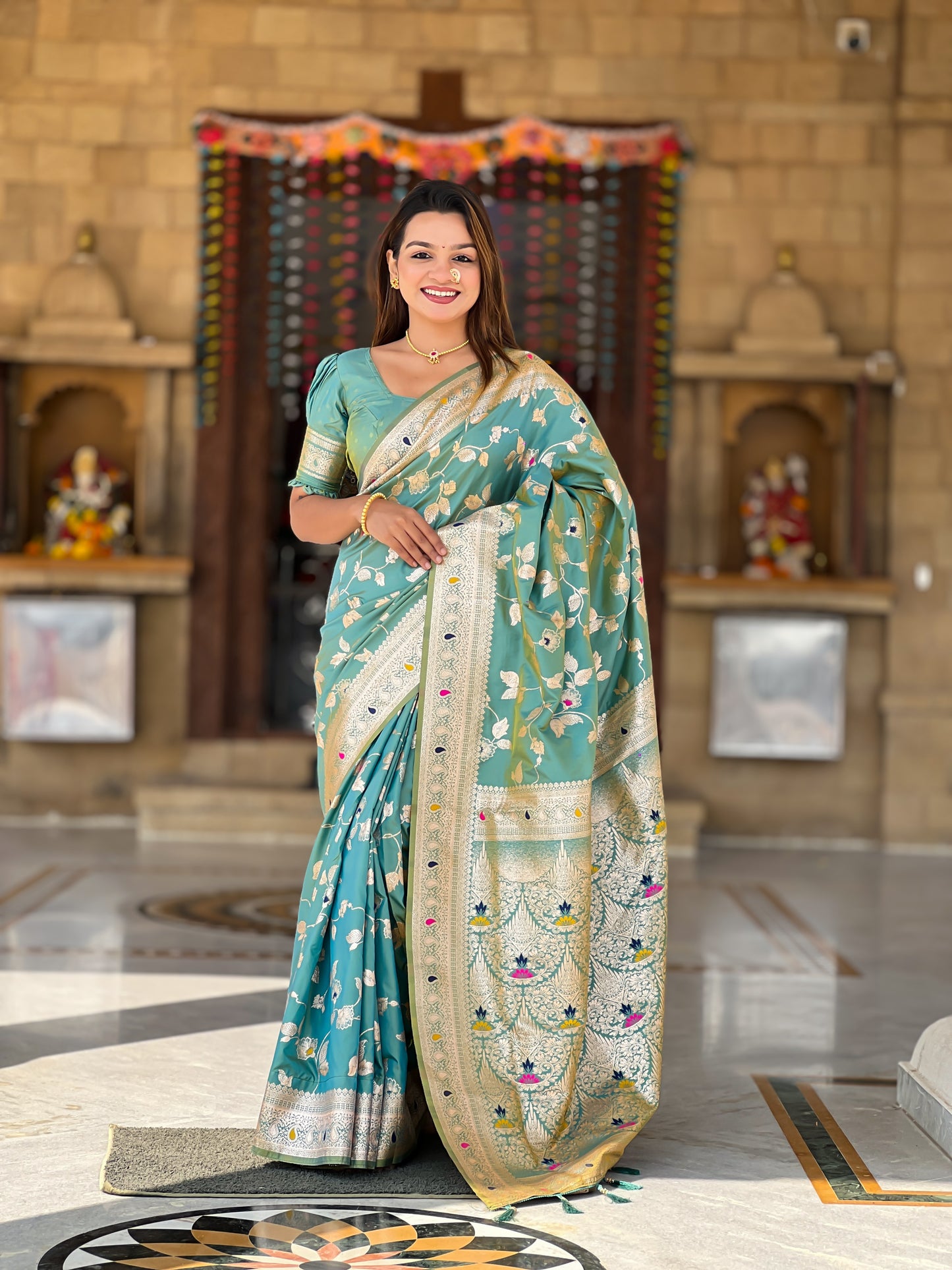 Pista Meenakari Banarasi Silk Saree With Silk Blouse Piece