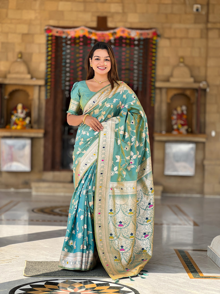 Pista Meenakari Banarasi Silk Saree With Silk Blouse Piece