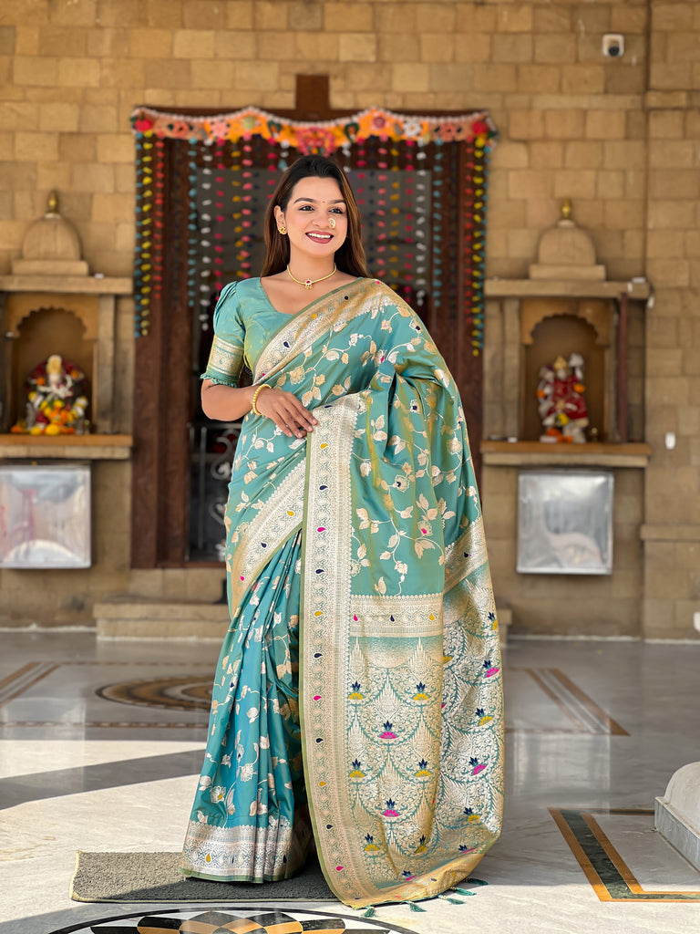 Pista Meenakari Banarasi Silk Saree With Silk Blouse Piece