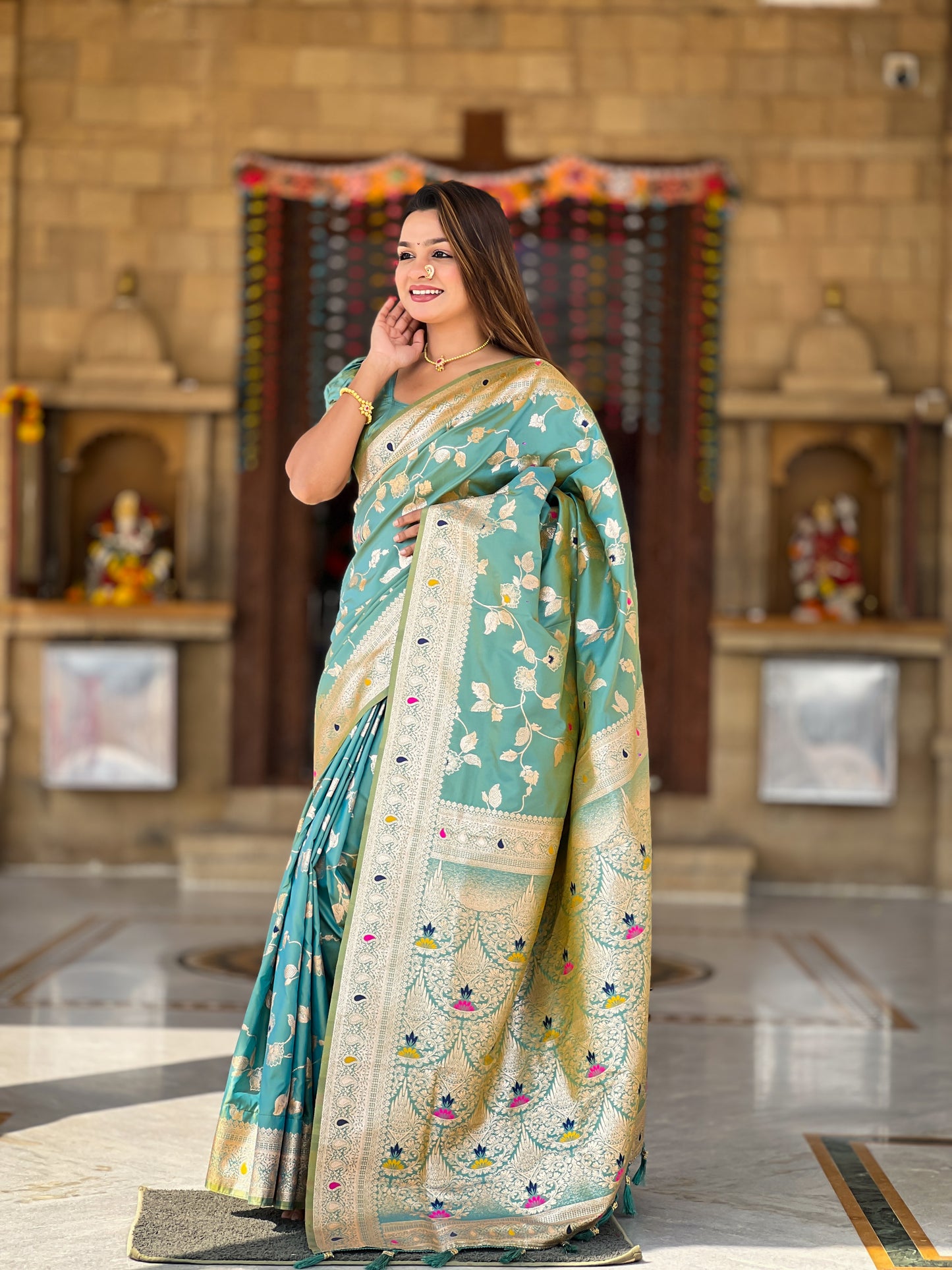 Pista Meenakari Banarasi Silk Saree With Silk Blouse Piece