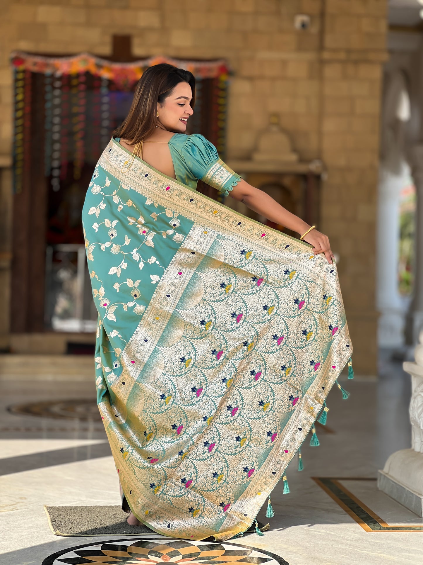 Pista Meenakari Banarasi Silk Saree With Silk Blouse Piece