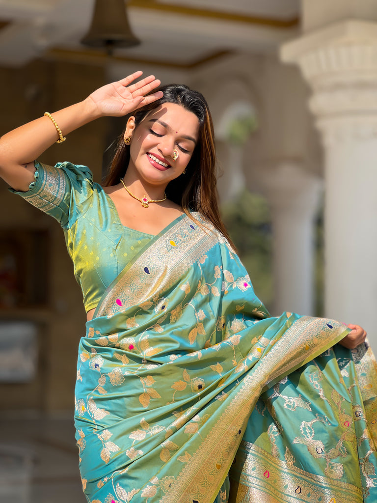 Pista Meenakari Banarasi Silk Saree With Silk Blouse Piece