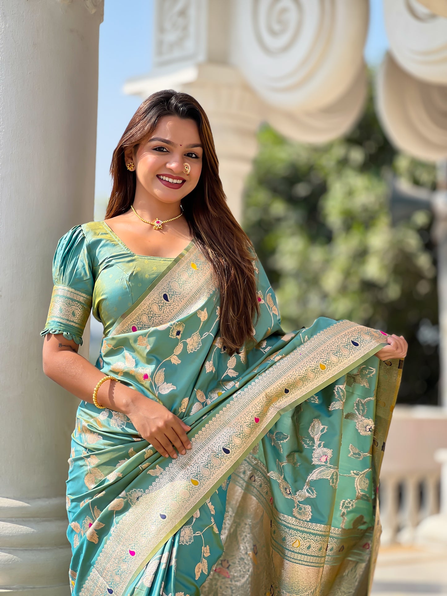 Pista Meenakari Banarasi Silk Saree With Silk Blouse Piece