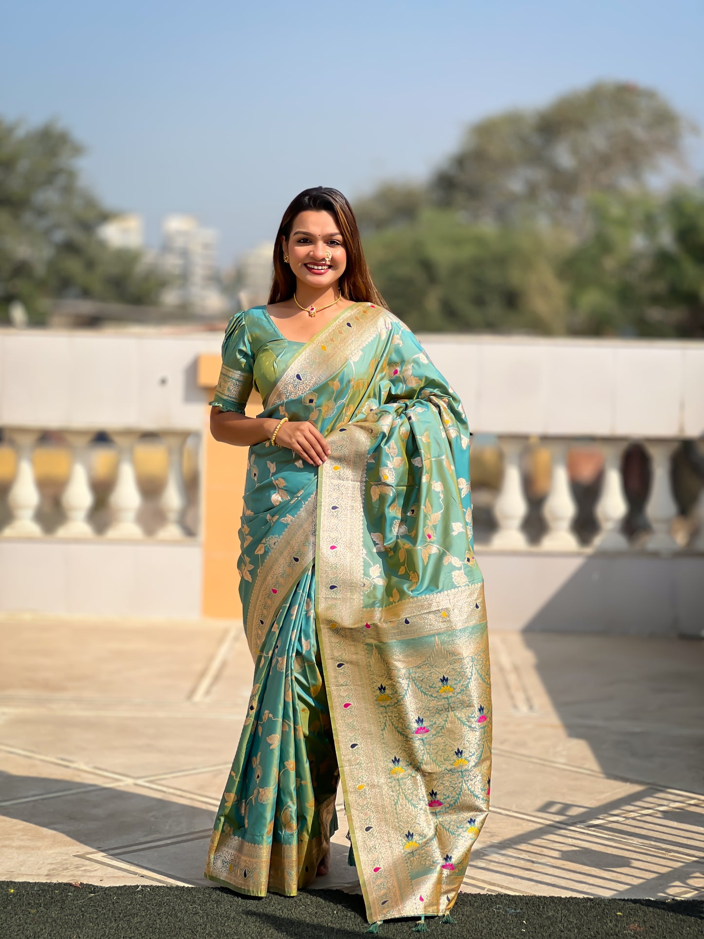 Pista Meenakari Banarasi Silk Saree With Silk Blouse Piece