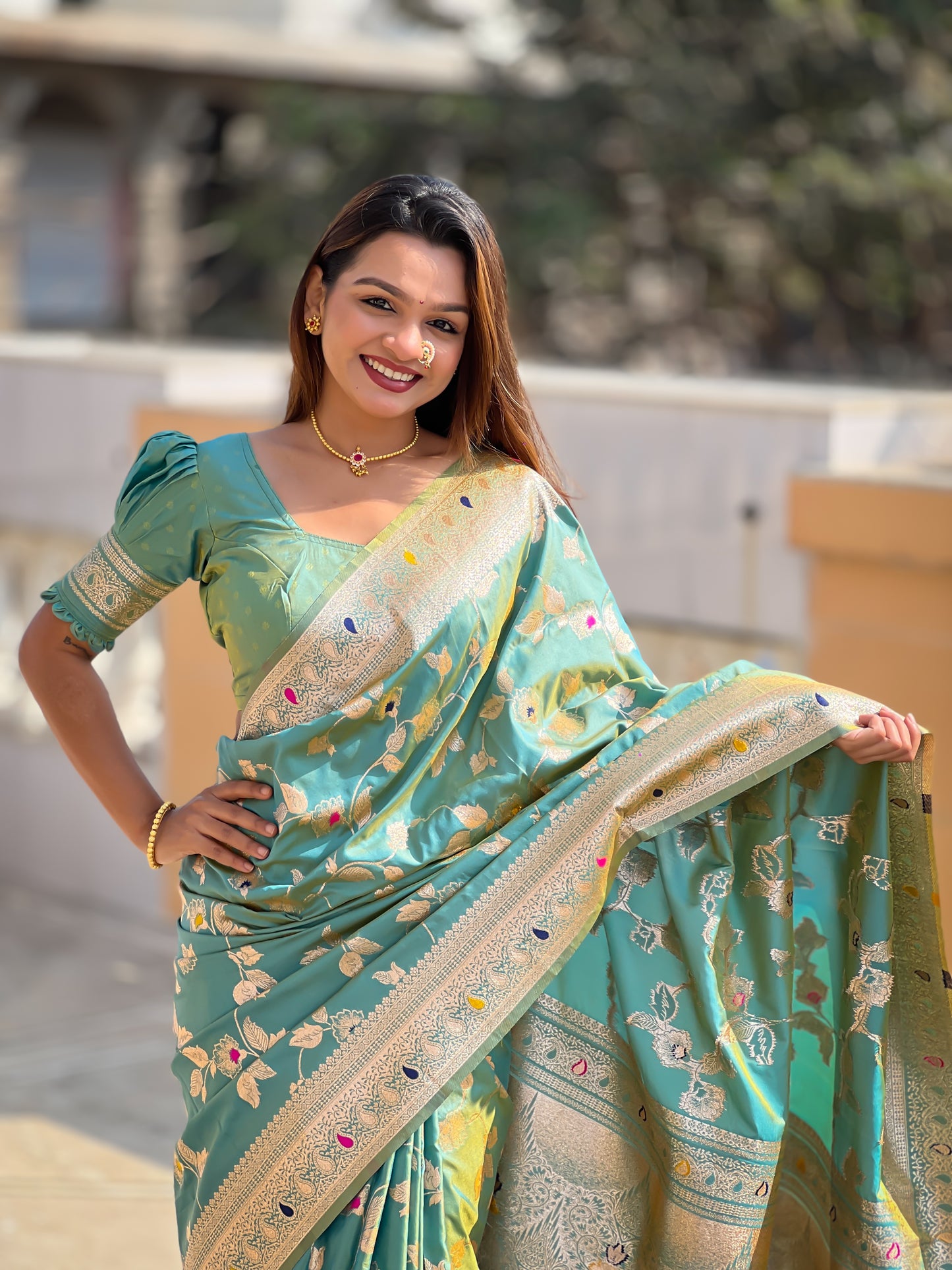Pista Meenakari Banarasi Silk Saree With Silk Blouse Piece