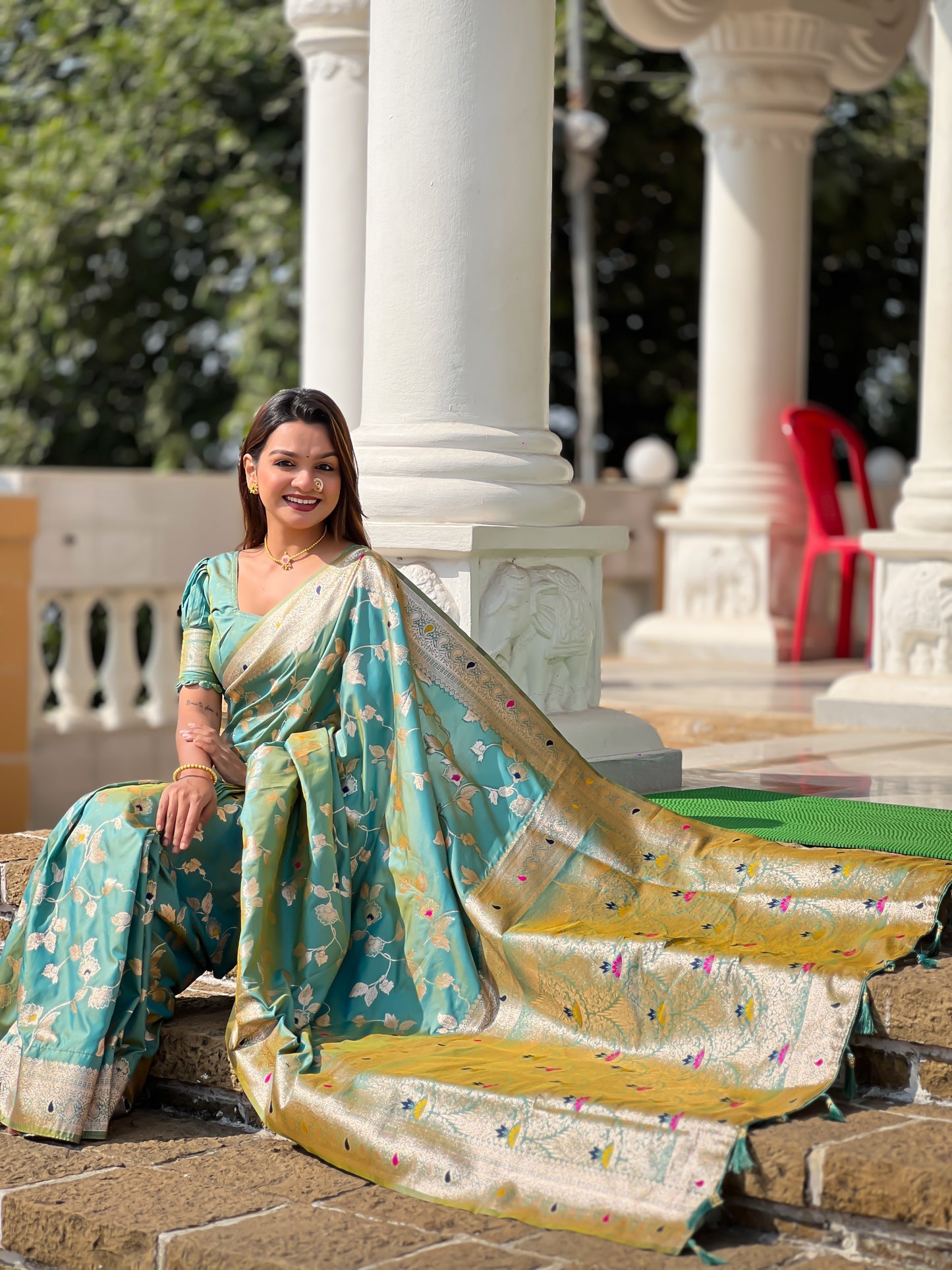 Pista Meenakari Banarasi Silk Saree With Silk Blouse Piece
