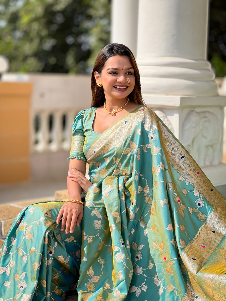 Pista Meenakari Banarasi Silk Saree With Silk Blouse Piece