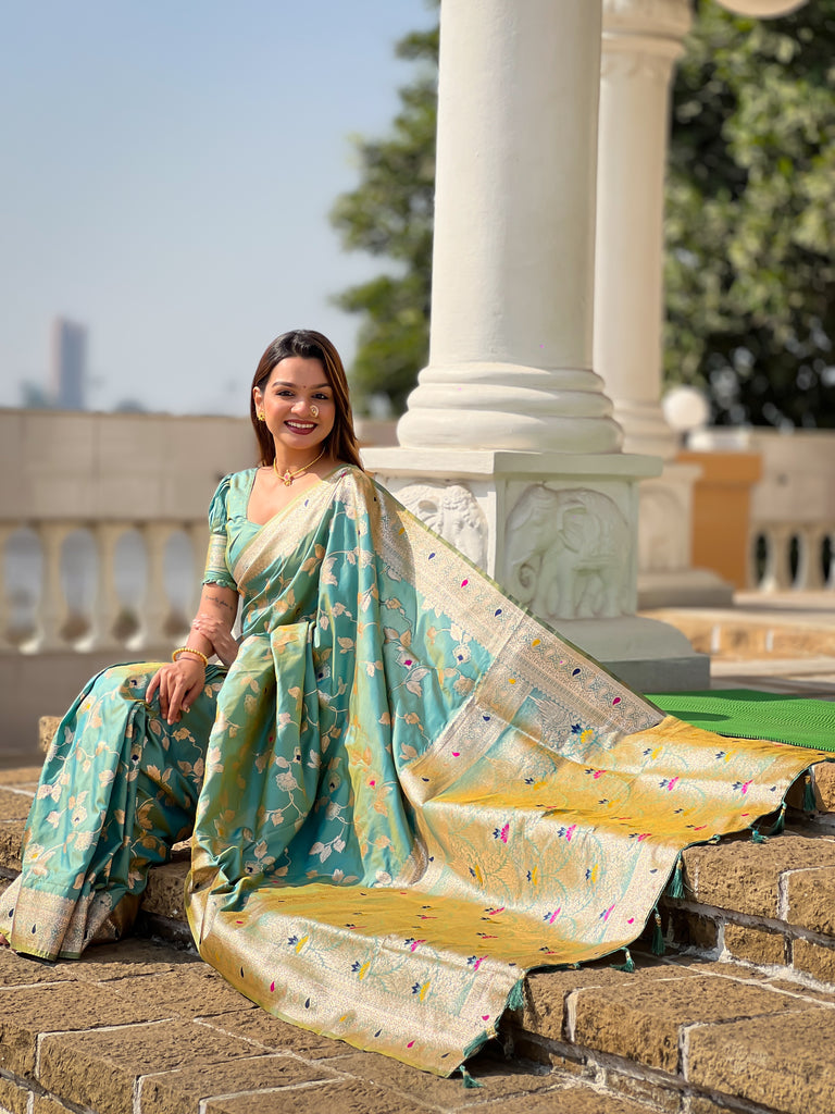 Pista Meenakari Banarasi Silk Saree With Silk Blouse Piece