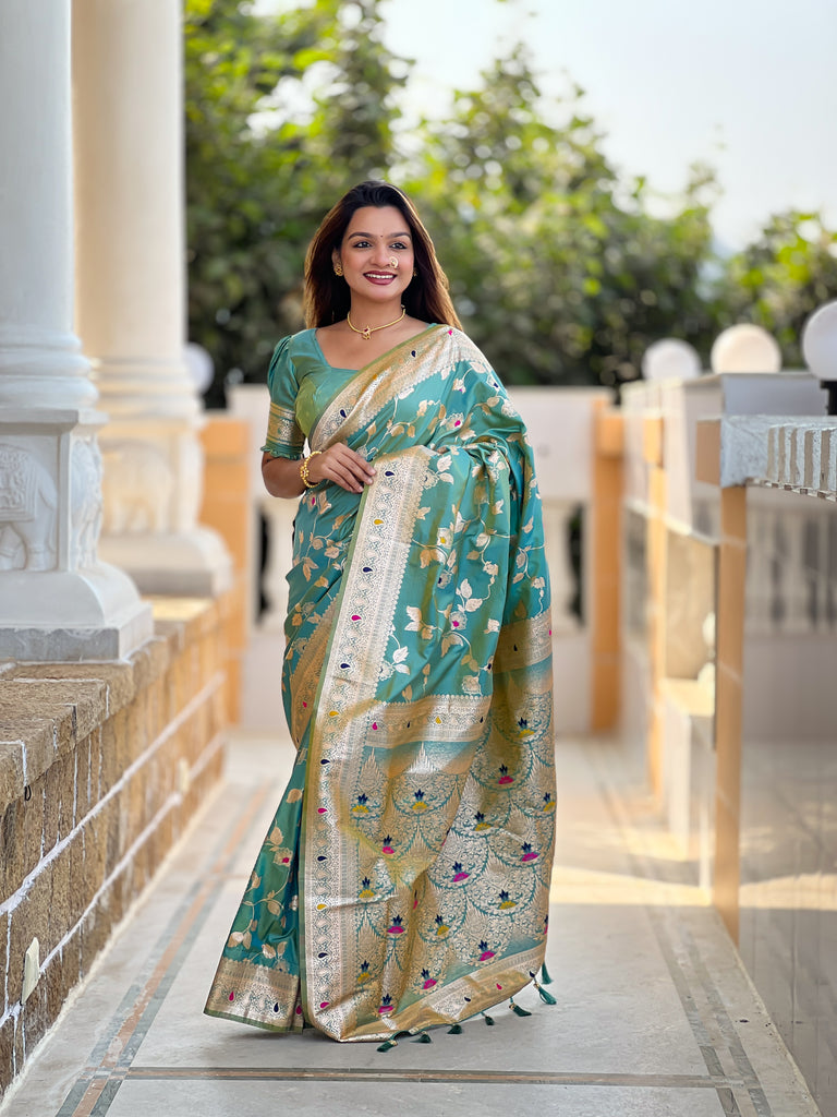 Pista Meenakari Banarasi Silk Saree With Silk Blouse Piece