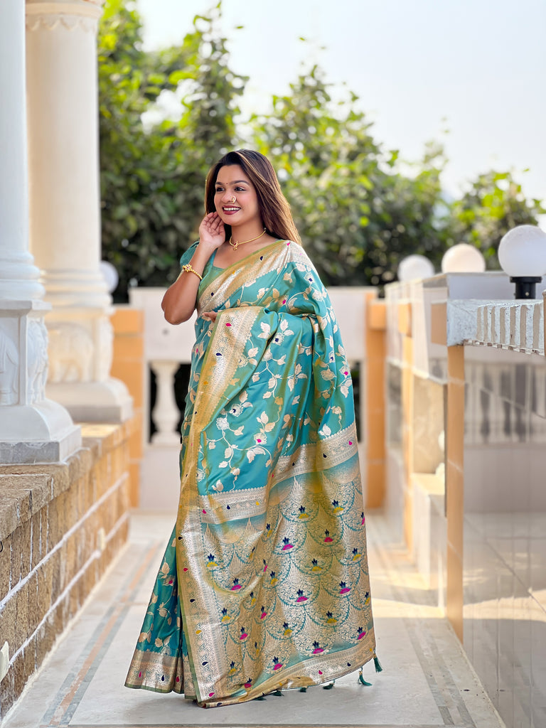 Pista Meenakari Banarasi Silk Saree With Silk Blouse Piece