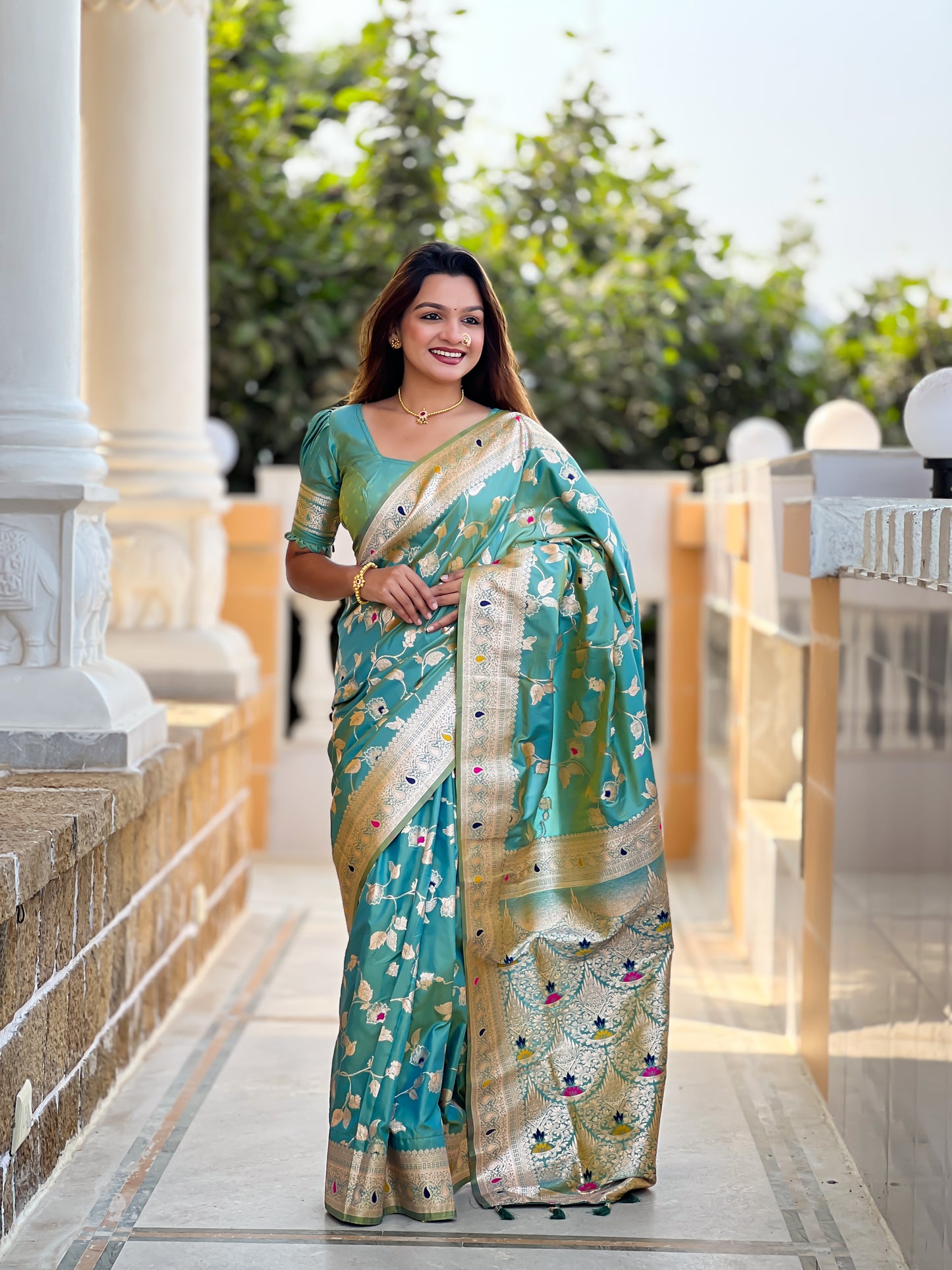 Pista Meenakari Banarasi Silk Saree With Silk Blouse Piece