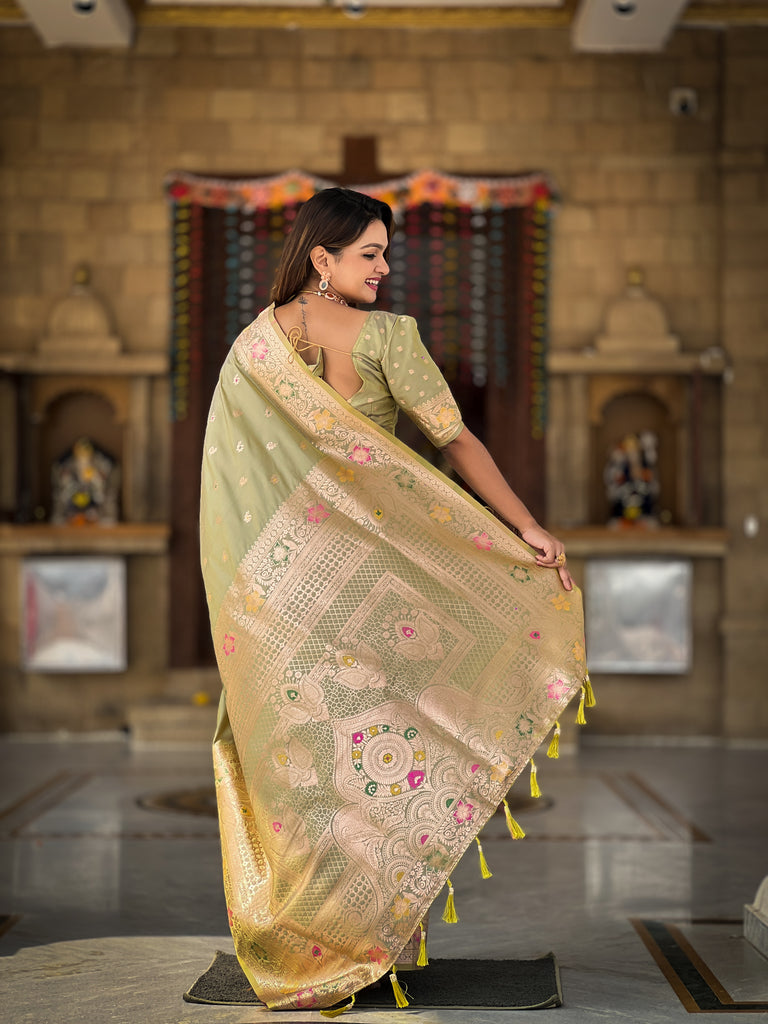 Pista Zari Weaving Banarasi Saree With Blouse Piece