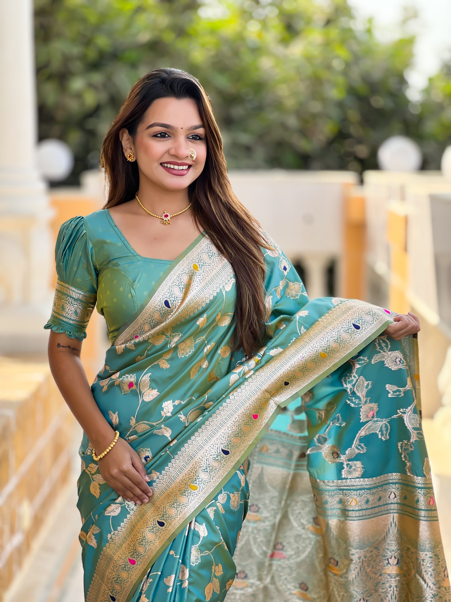 Pista Meenakari Banarasi Silk Saree With Silk Blouse Piece
