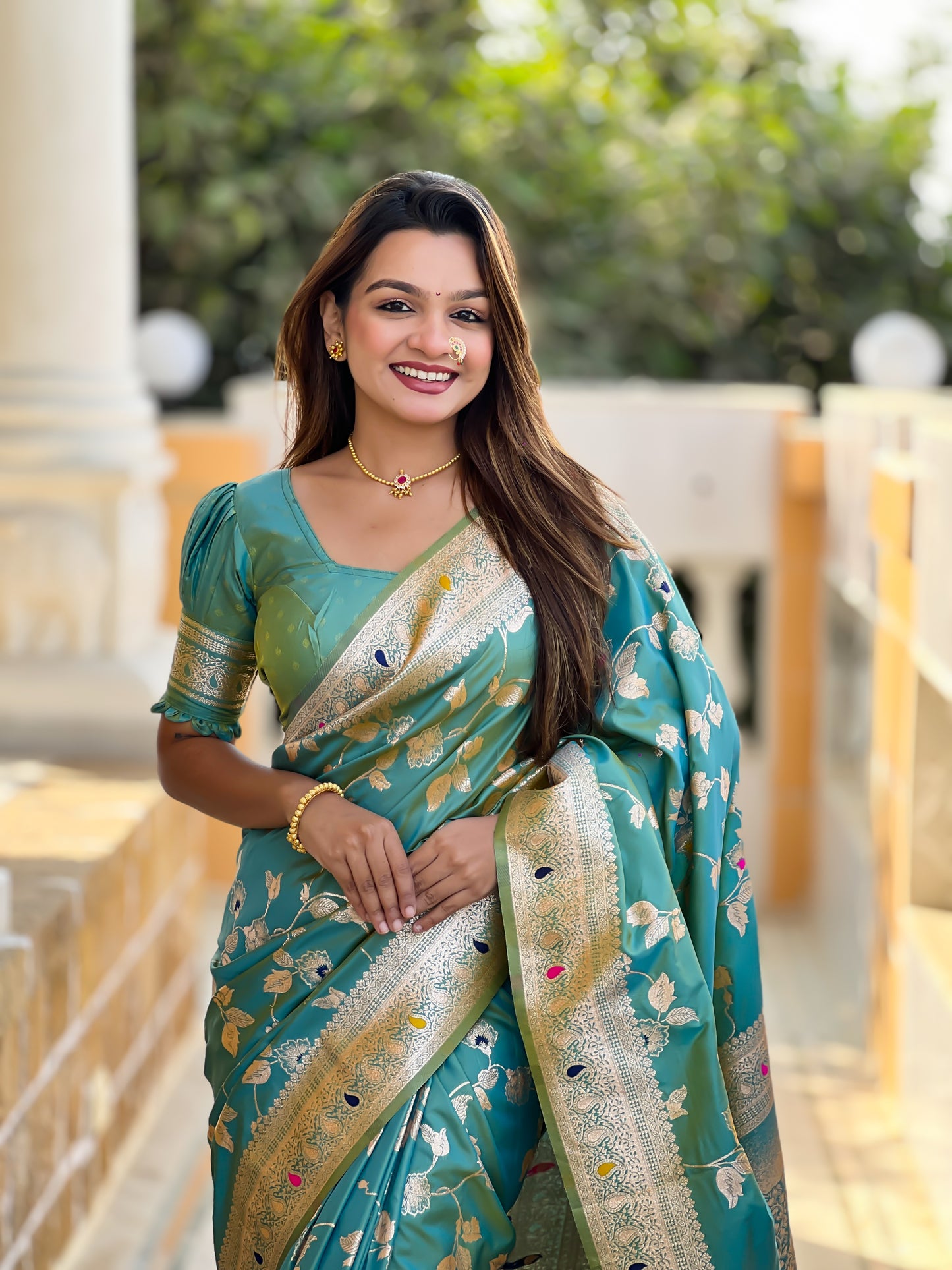 Pista Meenakari Banarasi Silk Saree With Silk Blouse Piece
