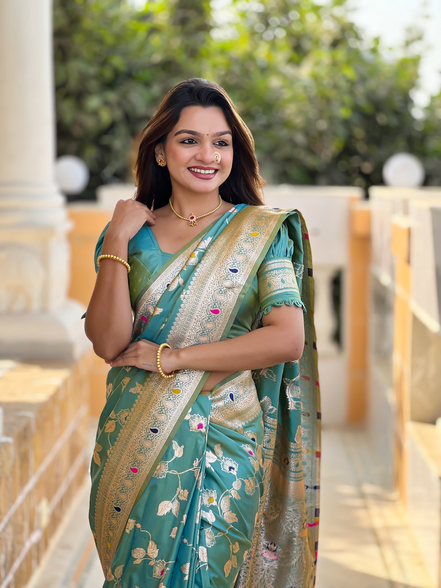 Pista Meenakari Banarasi Silk Saree With Silk Blouse Piece
