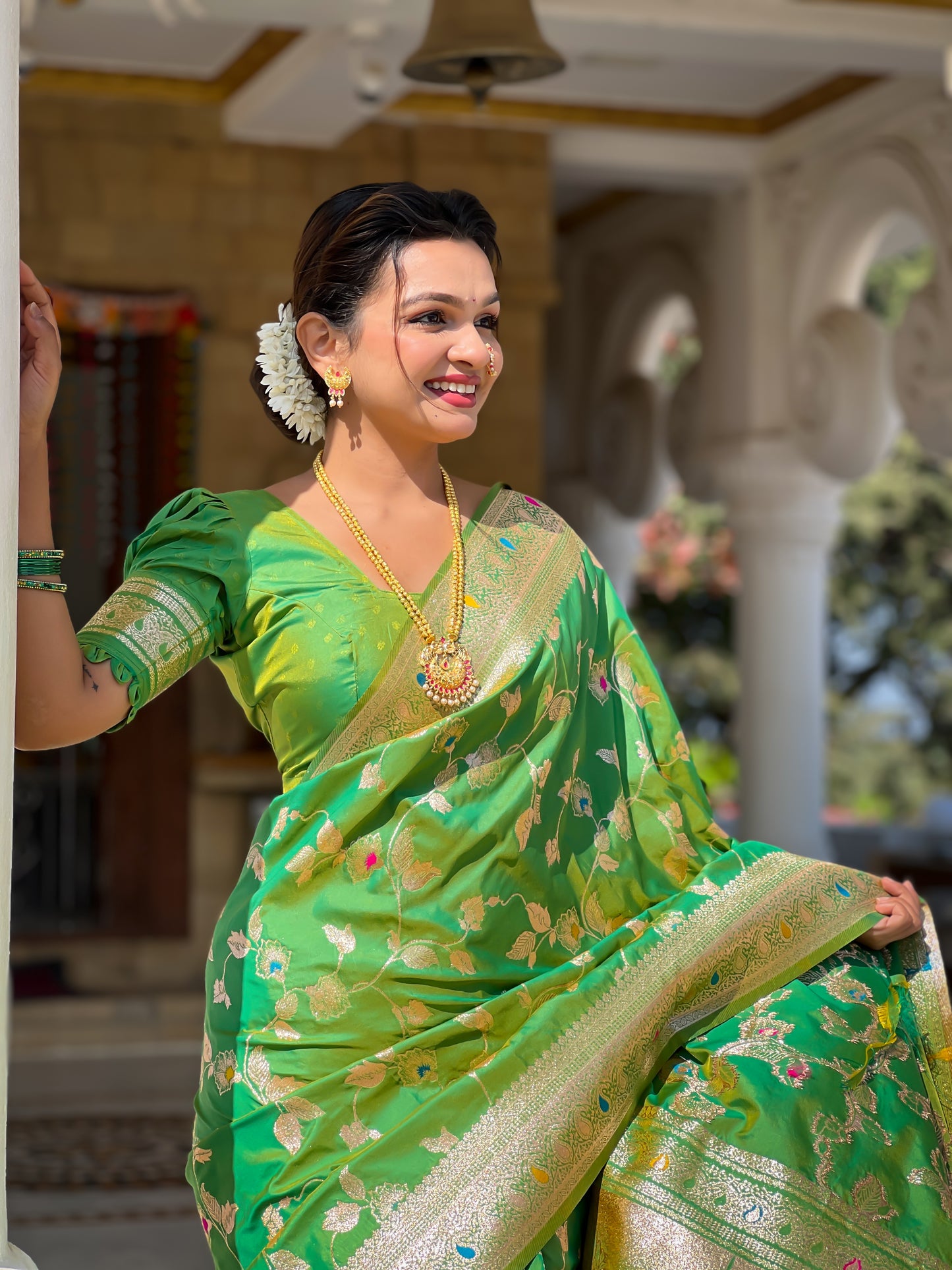 Parrot Meenakari Banarasi Silk Saree With Silk Blouse Piece