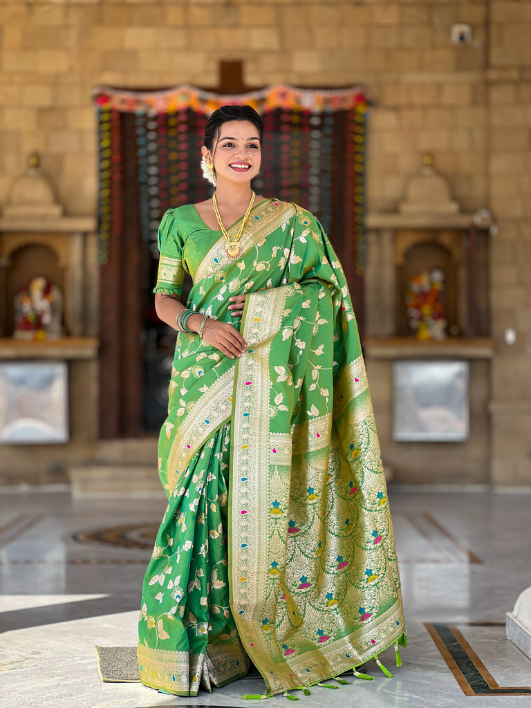 Parrot Meenakari Banarasi Silk Saree With Silk Blouse Piece