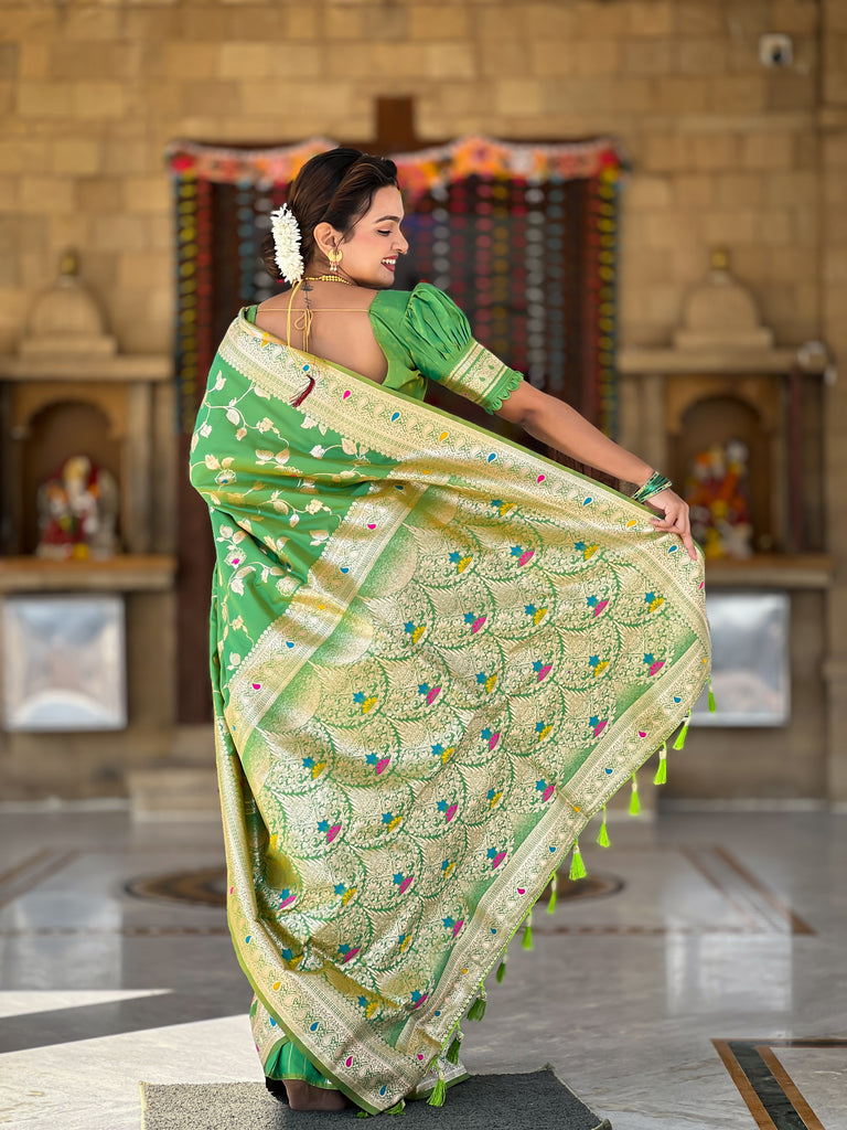 Parrot Meenakari Banarasi Silk Saree With Silk Blouse Piece