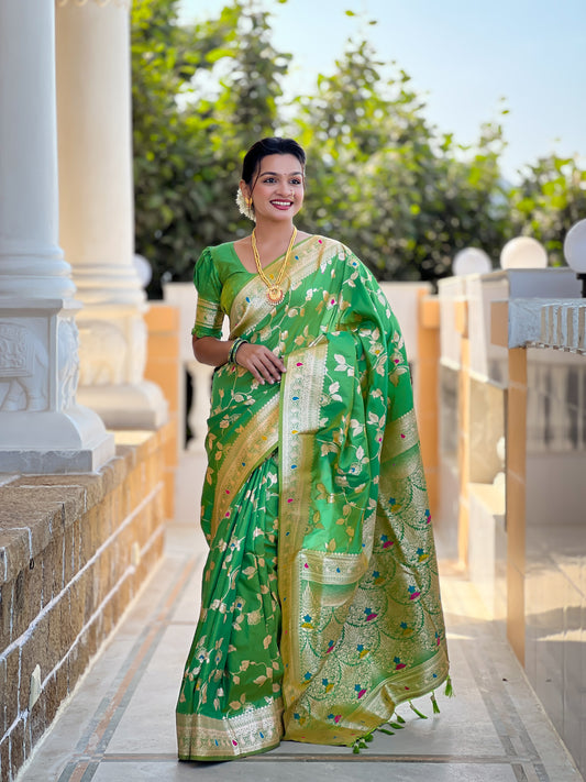Parrot Meenakari Banarasi Silk Saree With Silk Blouse Piece