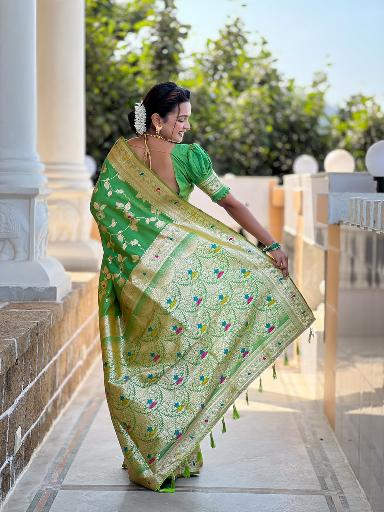 Parrot Meenakari Banarasi Silk Saree With Silk Blouse Piece