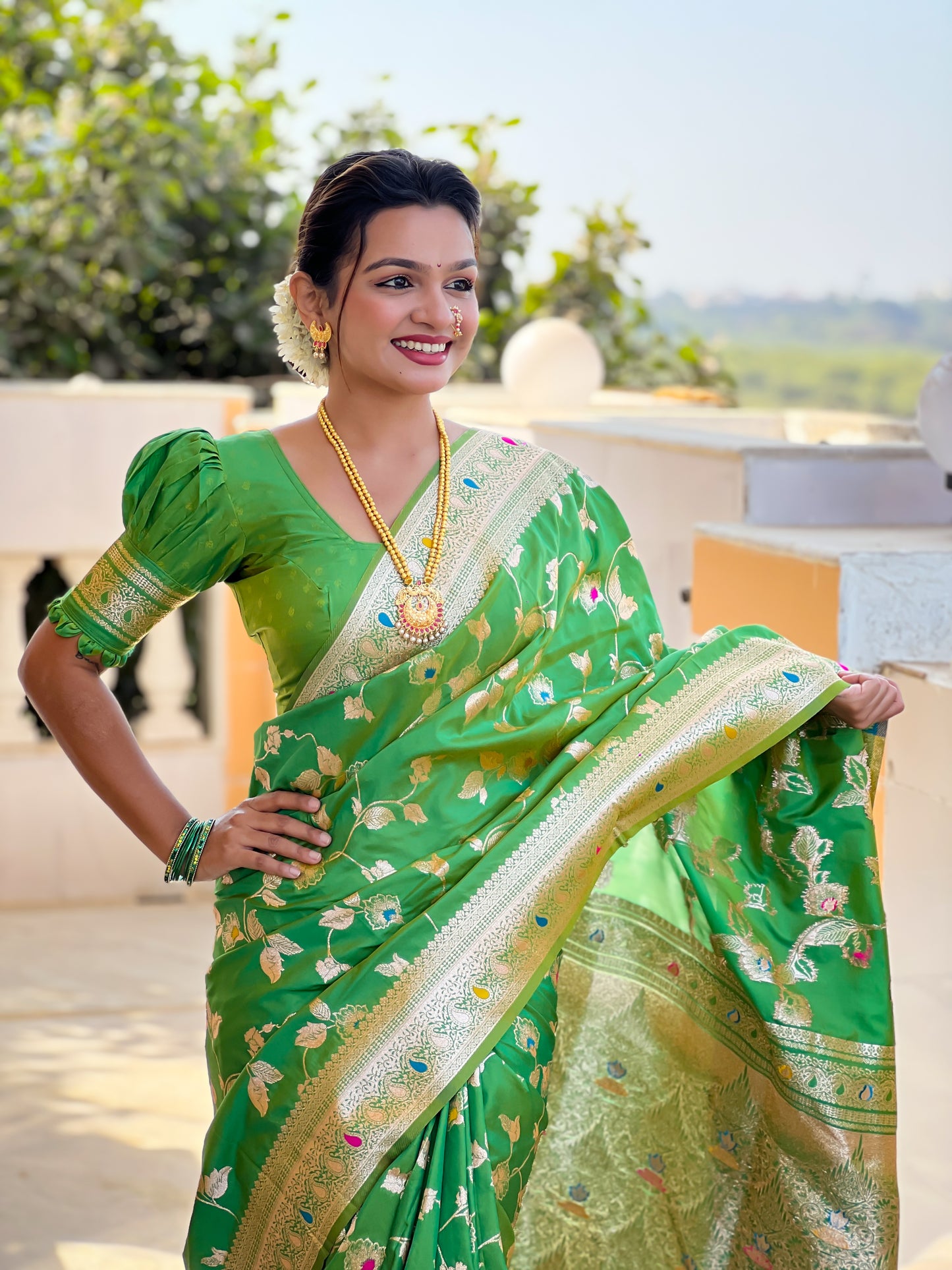 Parrot Meenakari Banarasi Silk Saree With Silk Blouse Piece
