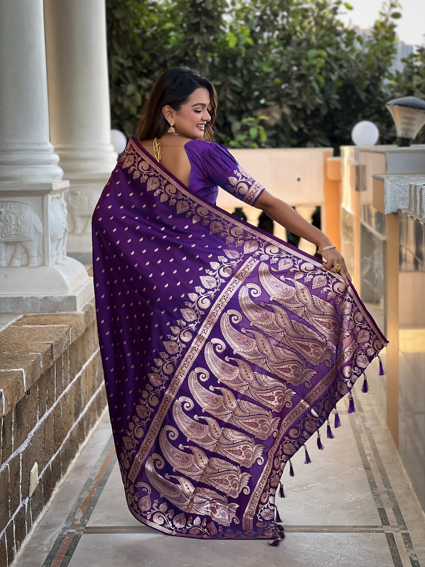 Purple Unique Meena Banarasi Silk Saree With Blouse Piece