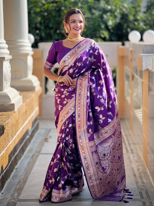 Purple Meenakari Banarasi Silk Saree With Silk Blouse Piece