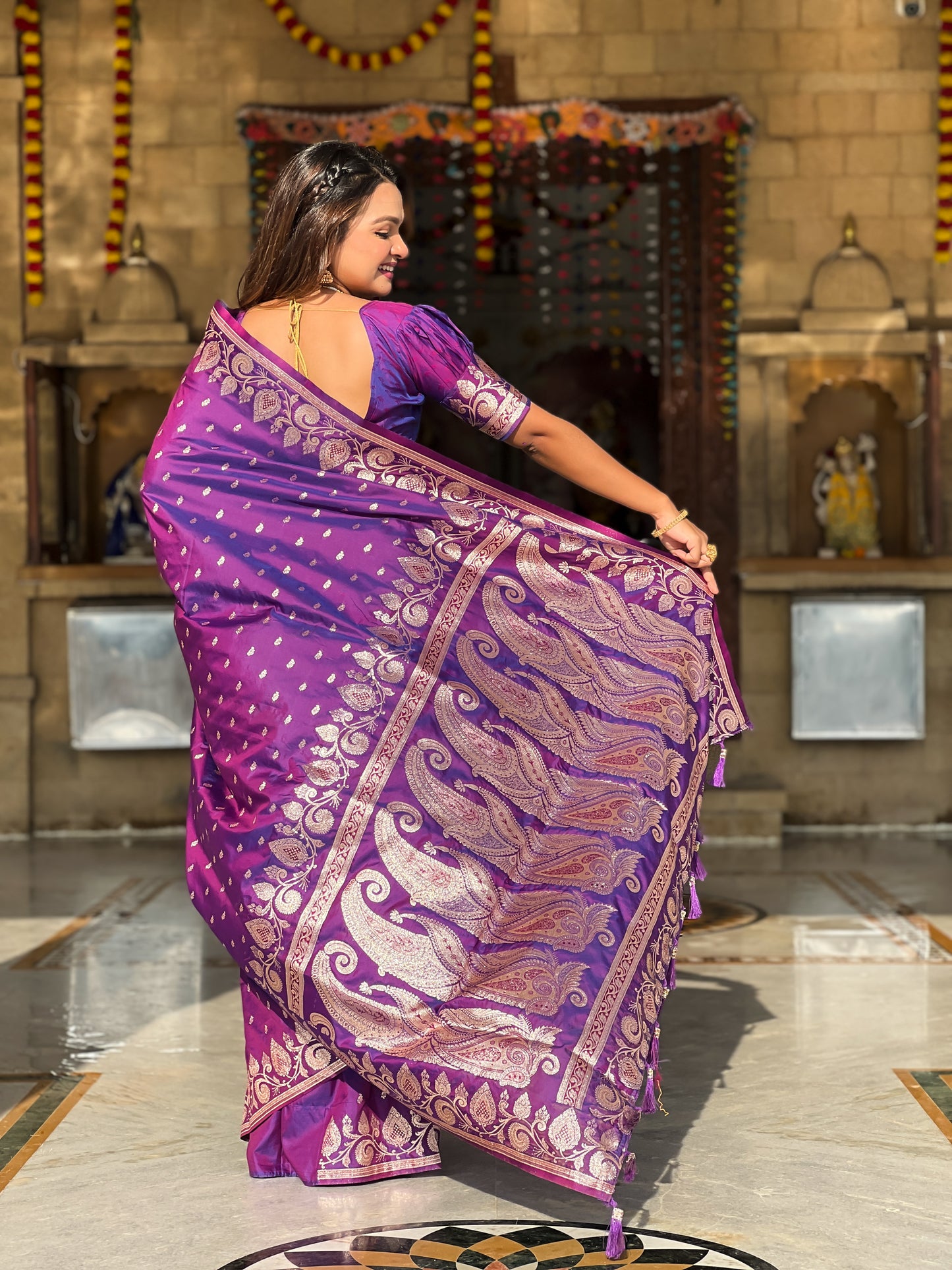 Purple Unique Meena Banarasi Silk Saree With Blouse Piece