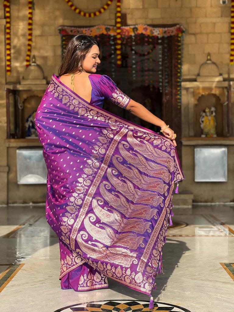 Purple Unique Meena Banarasi Silk Saree With Blouse Piece