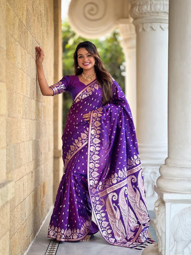 Purple Unique Meena Banarasi Silk Saree With Blouse Piece