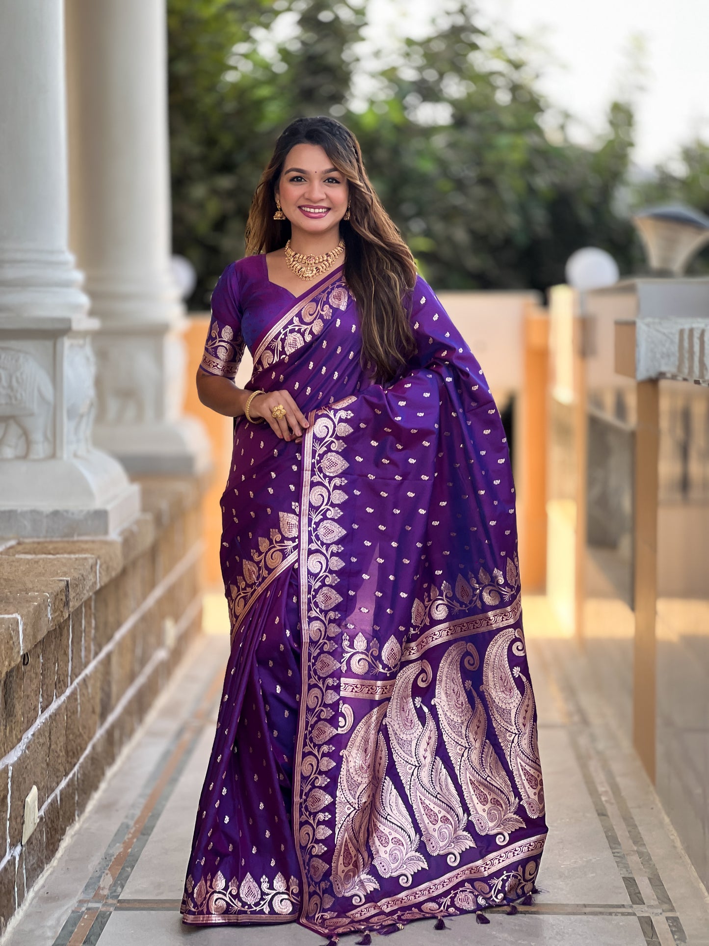 Purple Unique Meena Banarasi Silk Saree With Blouse Piece
