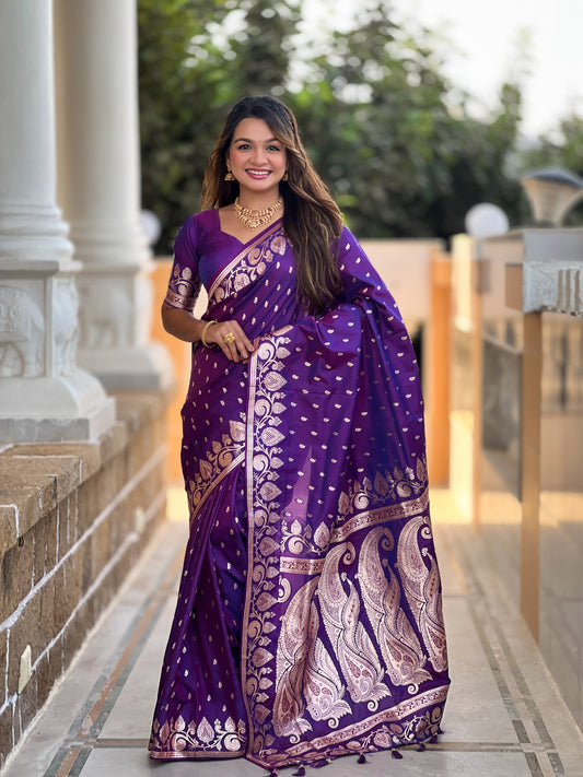 Purple Unique Meena Banarasi Silk Saree With Blouse Piece