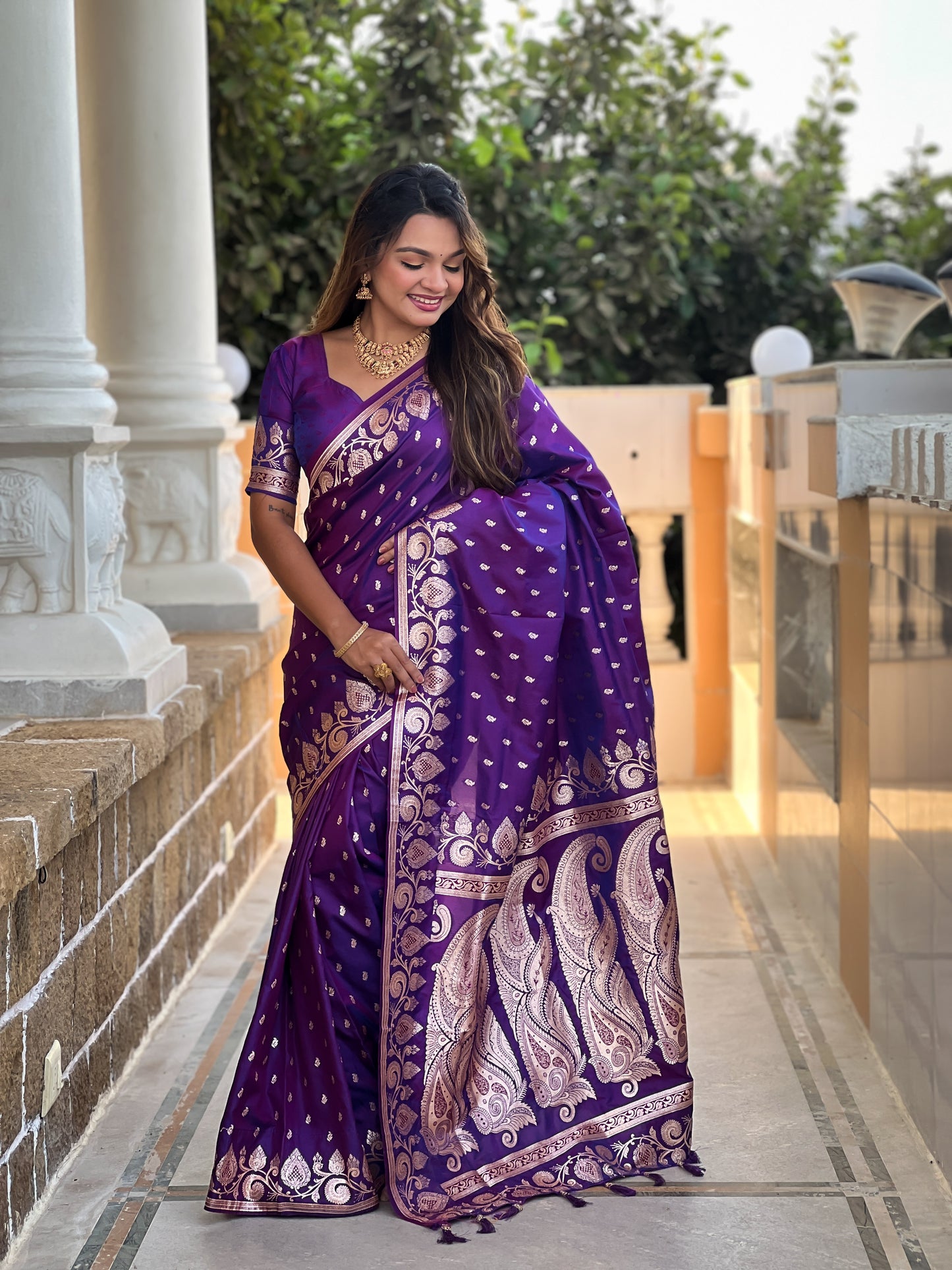 Purple Unique Meena Banarasi Silk Saree With Blouse Piece