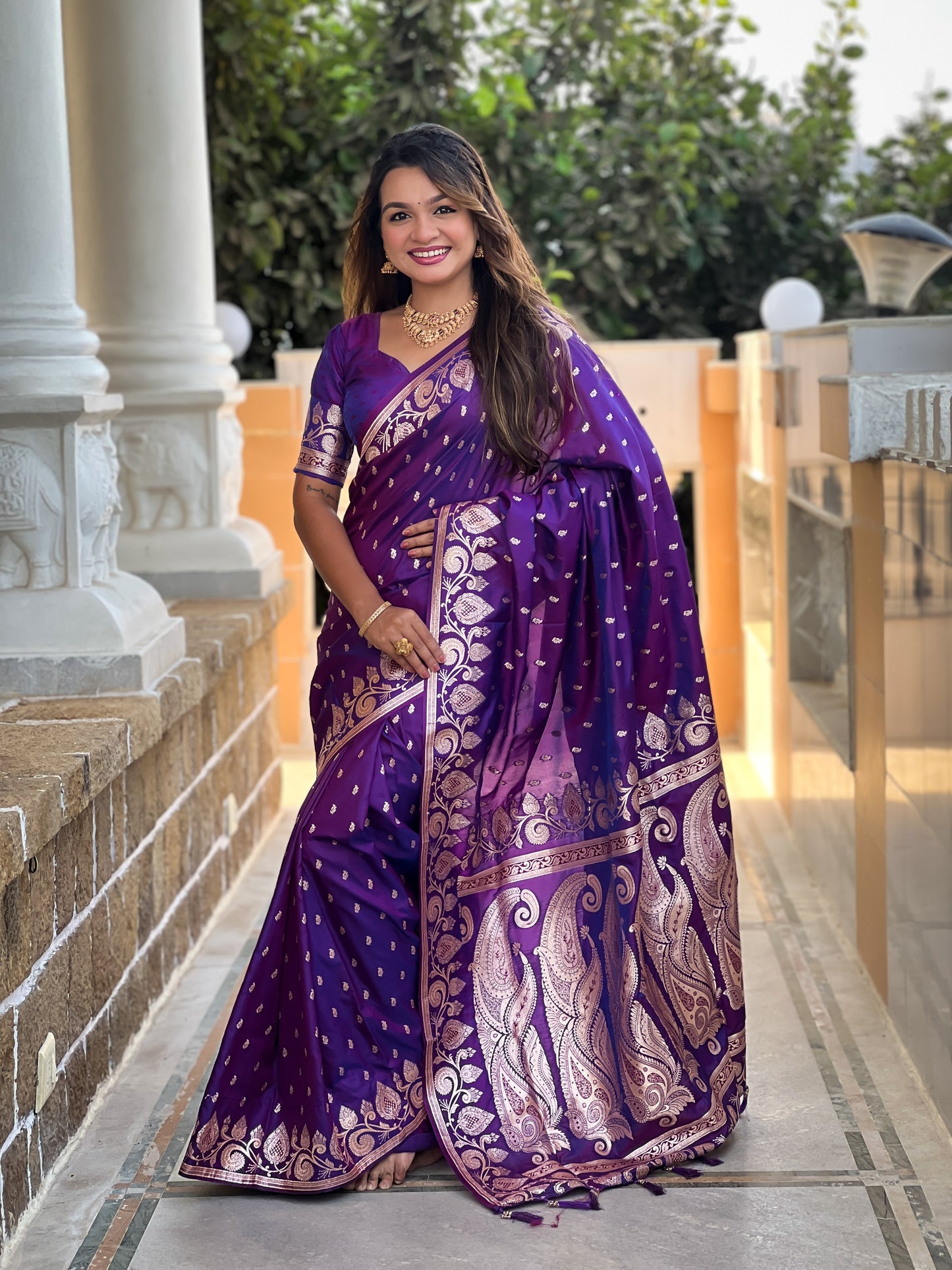 Purple Unique Meena Banarasi Silk Saree With Blouse Piece