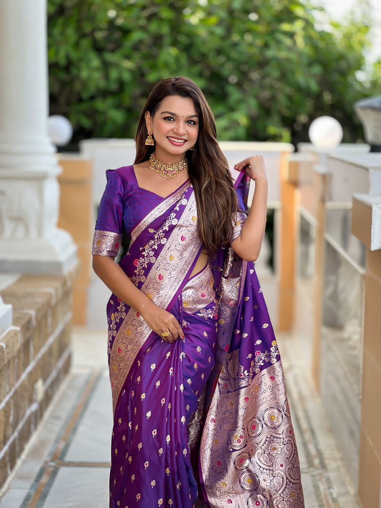 Purple Graceful Meena Banarasi Silk Saree With Blouse Piece