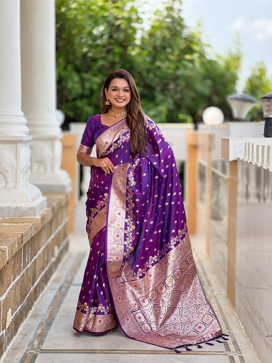 Purple Graceful Meena Banarasi Silk Saree With Blouse Piece