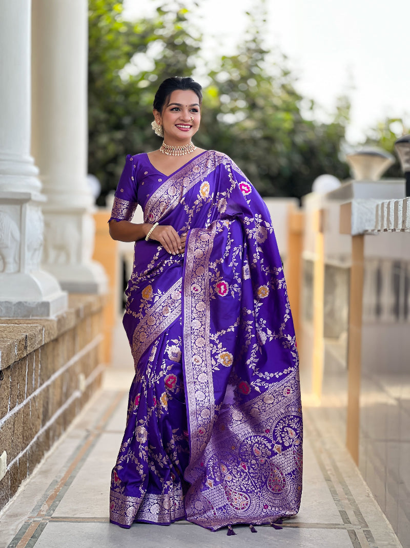 Purple Green Graceful Trending Banarasi Silk Saree With Blouse Piece
