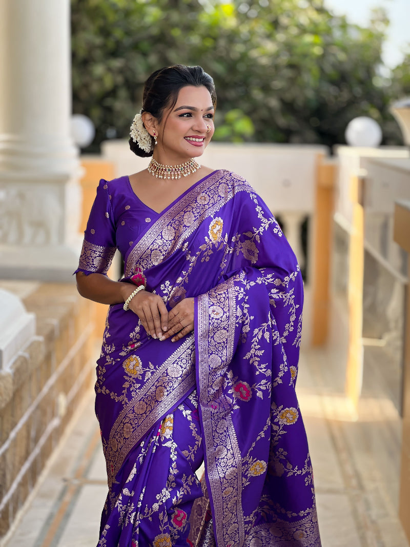 Purple Green Graceful Trending Banarasi Silk Saree With Blouse Piece