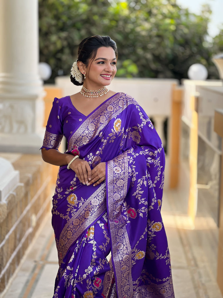 Purple Green Graceful Trending Banarasi Silk Saree With Blouse Piece