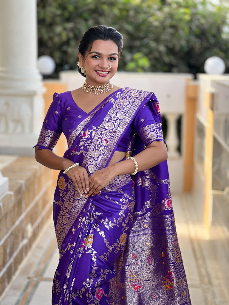 Purple Green Graceful Trending Banarasi Silk Saree With Blouse Piece