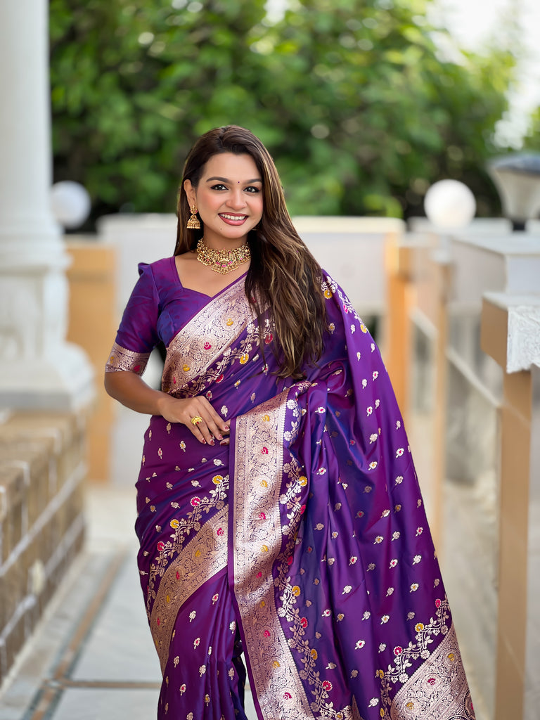 Purple Graceful Meena Banarasi Silk Saree With Blouse Piece