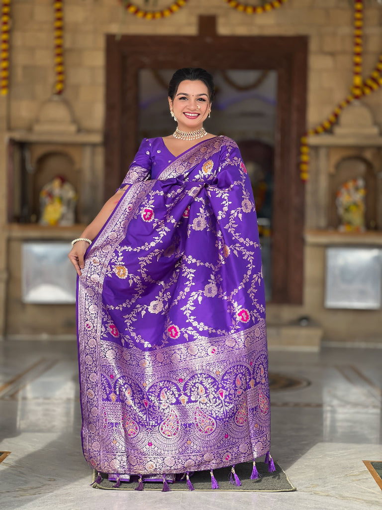 Purple Green Graceful Trending Banarasi Silk Saree With Blouse Piece