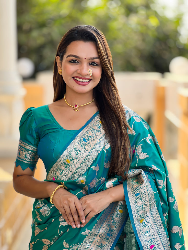 Rama Meenakari Banarasi Silk Saree With Silk Blouse Piece