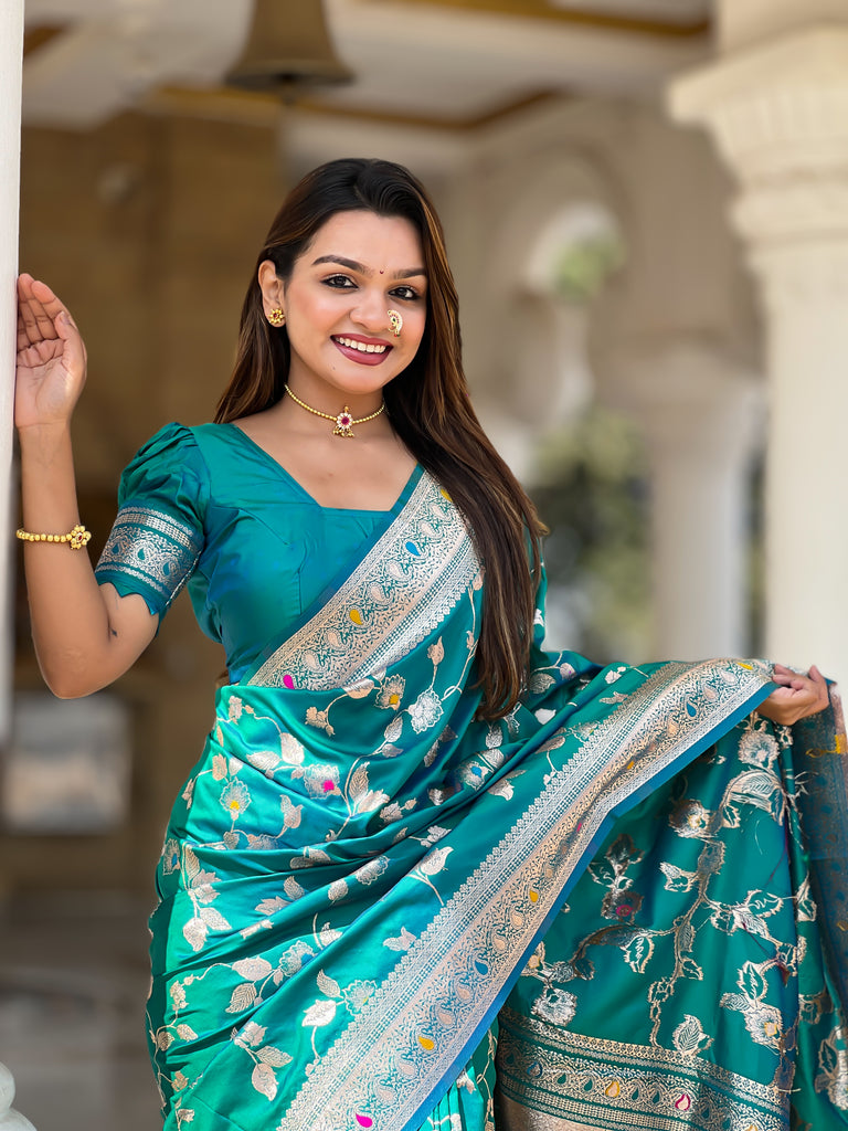 Rama Meenakari Banarasi Silk Saree With Silk Blouse Piece