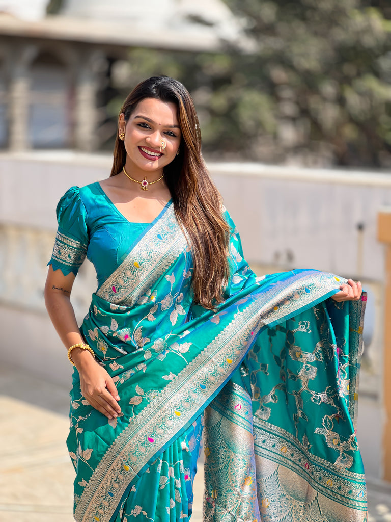 Rama Meenakari Banarasi Silk Saree With Silk Blouse Piece