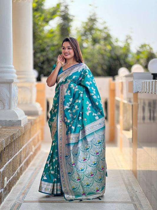 Rama Meenakari Banarasi Silk Saree With Silk Blouse Piece